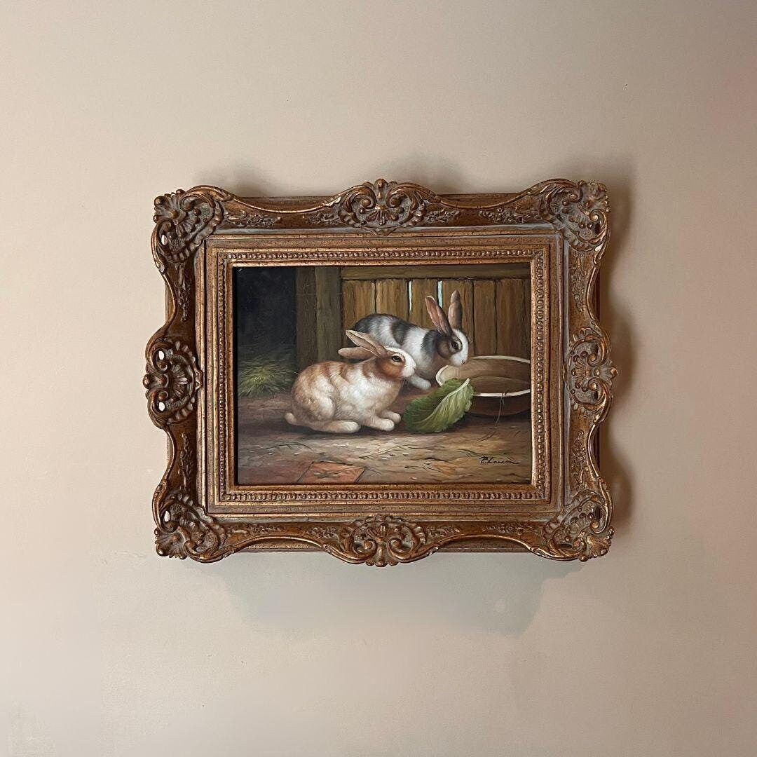 Still Life Oil Painting on Canvas of Two Rabbits in a Barn in ...