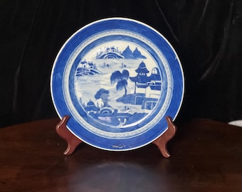 Late 19th Century Chinese Canton Blue and White Porcelain Pagoda Motif Plate 8.5' D | Antique Chinese Export Porcelain Plate, Circa 1890