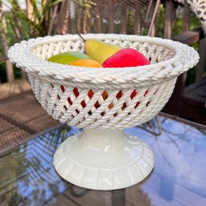 1950s Woven White Porcelain Fruit Bowl | White Ceramic Spanish Faïence Tazza on | Home Kitchen Decor