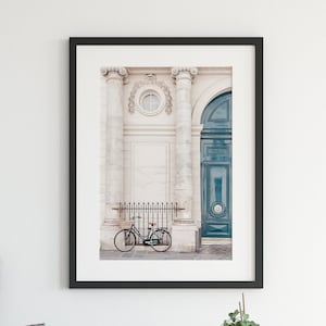 Travel Wall Art, Europe Prints, Digital Art Print, Paris Photography, Retro Bicycle and Blue Door, Living Room Gallery Wall