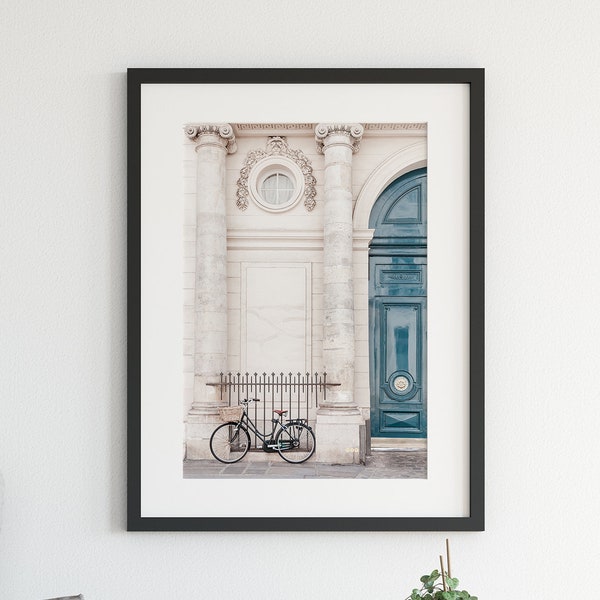 Travel Wall Art, Europe Prints, Digital Art Print, Paris Photography, Retro Bicycle and Blue Door, Living Room Gallery Wall