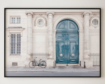 Cyfrowy wydruk Paryż, Paryż Wall Art, Fotografia europejska, Niebieskie drzwi, Fotografia paryska, Retro Bicycle Printable, Galeria ścienna Europy