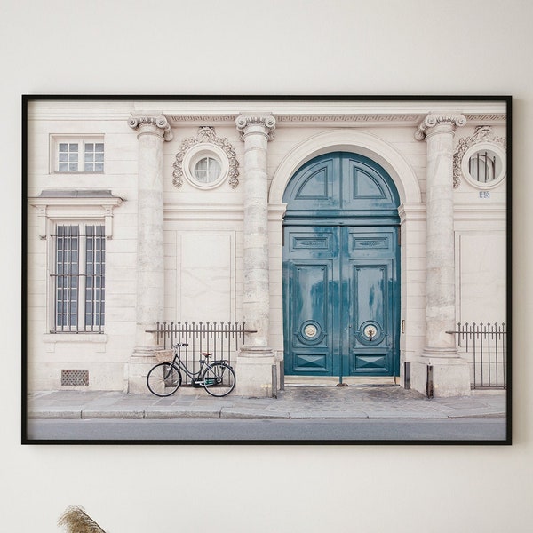 Impression numérique Paris, art mural Paris, photographie Europe, porte bleue, photographie Paris, vélo rétro imprimable, mur de la galerie Europe