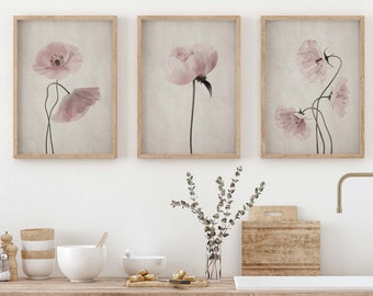 Floral Wall Art, Set of 3 Botanical Prints, Wildflowers Print, French Country Living Room Decor, Rustic Vintage Style Flower Prints
