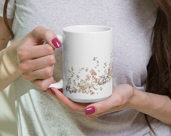 Large Coffee Mug, White Ceramic Mug with Flowers, 15 oz, Gifts for Coffee Lovers, Gifts for Moms, Botanical Mug Design