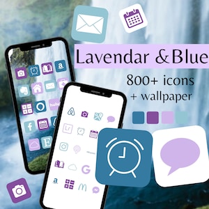 May include: Two phone screens displaying a collection of 800+ lavender and blue icons for customizing a phone's home screen. The icons include popular apps like Instagram, Facebook, and Hulu. The text "Lavendar & Blue" and "800+ icons + wallpaper" are displayed on the image.
