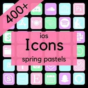 May include: A collection of over 400 pastel coloured iOS icons in a grid pattern. The icons are for popular apps like Instagram, Spotify, and Amazon. The text "ios Icons spring pastels" is in the centre of the image.