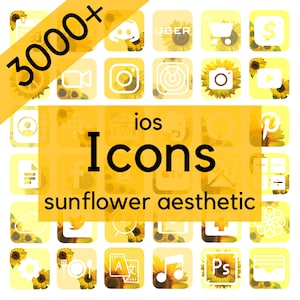 May include: A collection of yellow iOS app icons with a sunflower aesthetic. The icons feature various app logos, with a sunflower design incorporated into each. Text includes "3000+", "ios", "Icons", and "sunflower aesthetic".