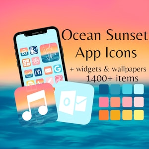 May include: Ocean Sunset App Icons, a digital product featuring over 1400 customizable icons, widgets, and wallpapers for your phone. The icons are in a variety of colors, including blue, pink, orange, and yellow. The icons are designed to look like a sunset over the ocean.