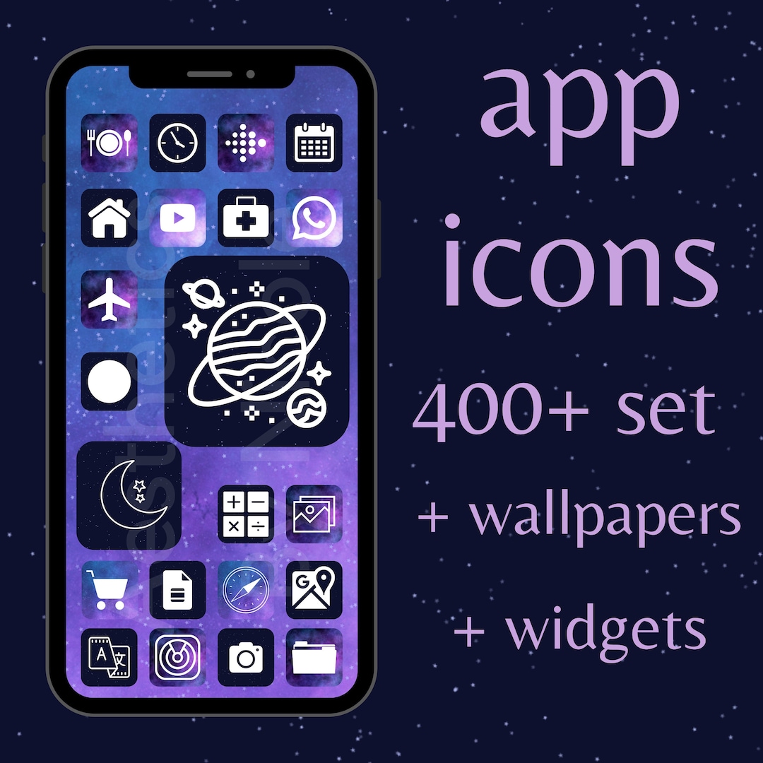 IOS App Icons Pack 400+ Space Galaxy Aesthetic Widgets und Wallpapers|  Lila und Blau mit Mond, Sternen, Planet Android App Icons