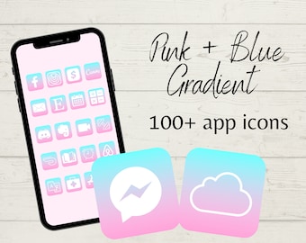 Op de afbeelding: Een smartphone-mockup met een roze en blauwe gradiëntachtergrond. Het telefoonscherm toont een raster van app-pictogrammen met een roze en blauwe gradiëntachtergrond. De tekst "Pink + Blue Gradient 100+ app icons" wordt boven de telefoon weergegeven.