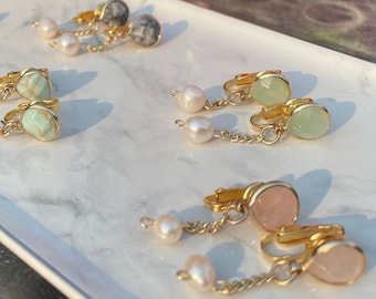 Freshwater Pearl and Gemstone w/ 18k Gold-Plated Clip-On Dangle Earrings or 18k Gold Post Earrings (Rose & Green Quartz, Multi-Color Agate)