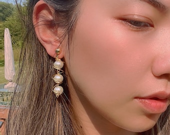 Luxury Clip On - The Pearl Swirl - Wire Wrap Glass Pearls Dangle Earrings with 18k Gold-Plated Clip-On (One, Two, & Three Pearl Variation)