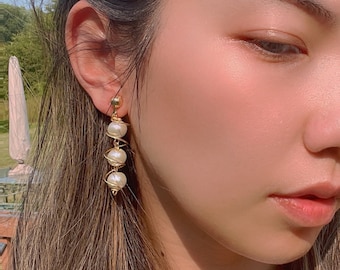 The Pearl Swirl - Wire Wrapped Glass Pearls Dangle Earrings with 18k Gold-Plated Clip-On  (One, Two, and Three Pearl Variation)