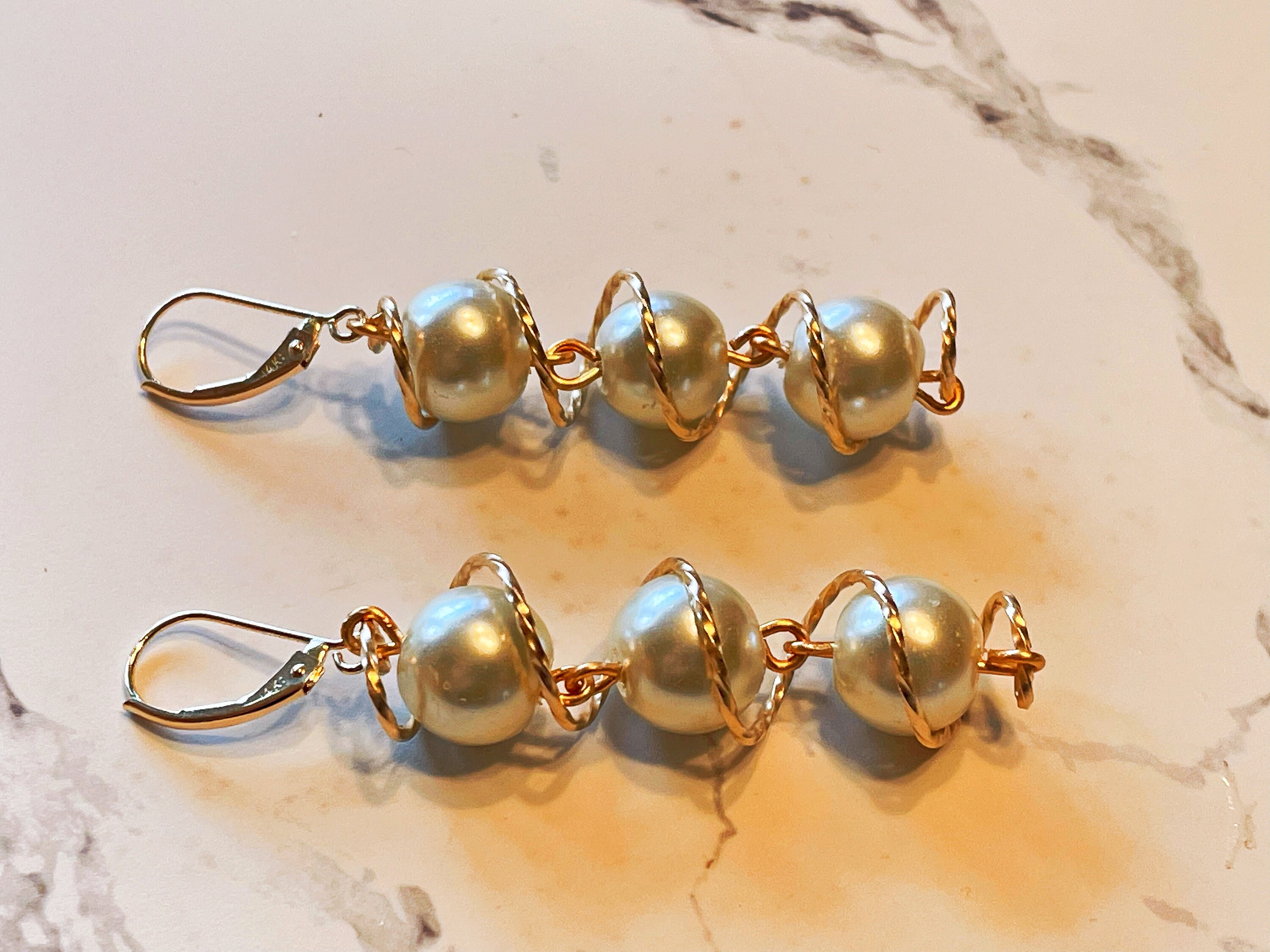 The Pearl Swirl - Wire Wrapped Glass Pearls Dangle Earrings
