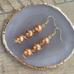 May include: A pair of gold-toned earrings with a spiral design and brown pearl accents.