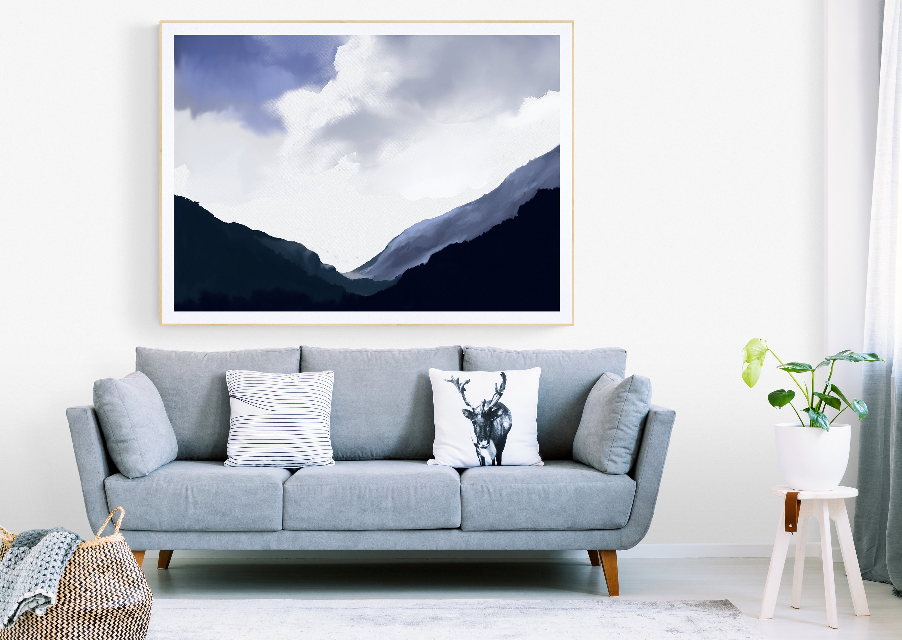 Watercolor Mountain Painting Wall Art with Blue Sky abstract | Etsy
