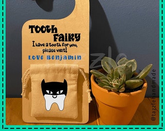 Tooth fairy door hanger with drawstring bag and personalised name