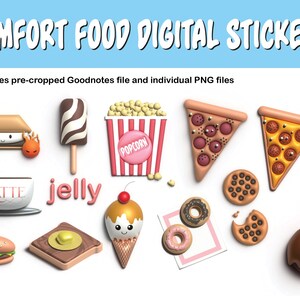 Juego de pegatinas Comfort Food - Perfecto para planificadores digitales, Goodnotes, iPad y diarios / Archivos PNG precortados / Diseños lindos y deliciosos