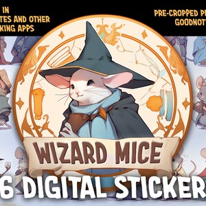 May include: 76 digital stickers featuring cute wizard mice in various poses and outfits. The stickers are pre-cropped for use in Goodnotes and other note-taking apps.