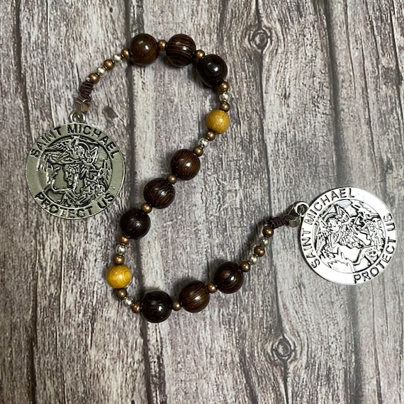Catholic Pocket Rosary with Saint Michael metal medals, Wood Bead rosary, Rosary for Her, Catholic Gifts, First Communion Gift