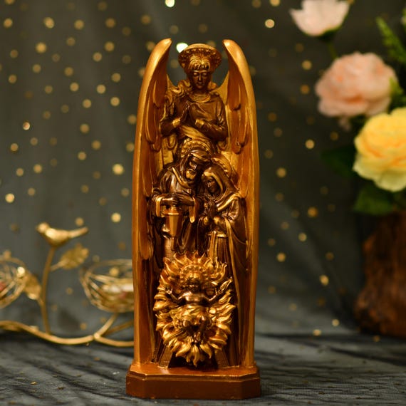 Nativity Birth of Christ- Archangel Gabriel - St.Joseph- Virgin Mary Wooden Statue Vintage Style Religious Icon Handmade Furniture and Decor