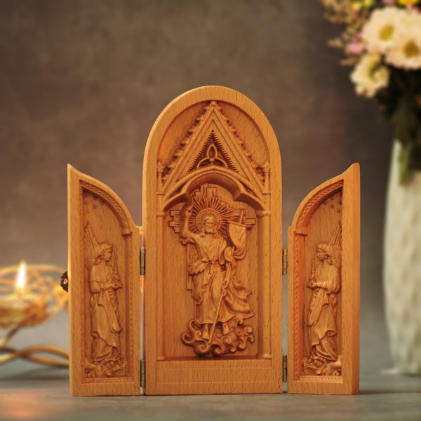 Jesus Christ and Angels Handmade Prayer Altar Catholic Triptych Religious Gifts Wooden Catholic Home Altar Jesus Christ triptych Catholic