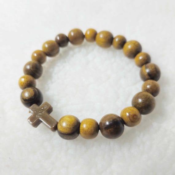 Yellow Cypress Wood Catholic Bracelet with Accent Beads | Handmade Prayer Beads for Kids & Teens, Rosary Gift