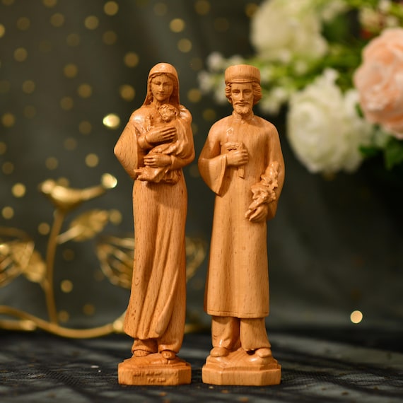 Our Lady of Vietnam & St. Joseph Statue Set – Catholic Wooden Figures in Traditional Vietnamese Ao Dai Outfits Home Altar Religious Art