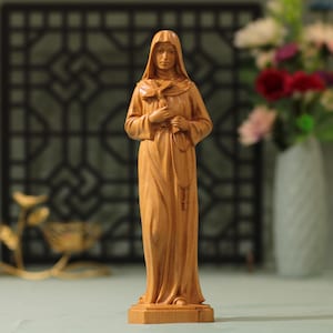 Estatua de madera de Santa Rita, santa católica de causas imposibles, regalo cristiano hecho a mano, decoración religiosa para el hogar, figura de la santa patrona tallada en madera
