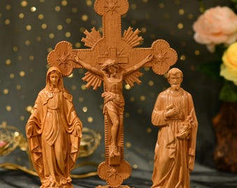 Set of Crucifix Jesus Mother Mary St. Joseph Wall Art Wooden