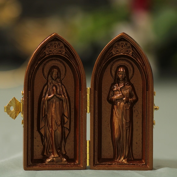 Virgin Mary & Saint Rita Catholic Diptych – Antique Wood Panel | Handmade Religious Gift for Her | Christian Home Decor | Prayer Altar Art