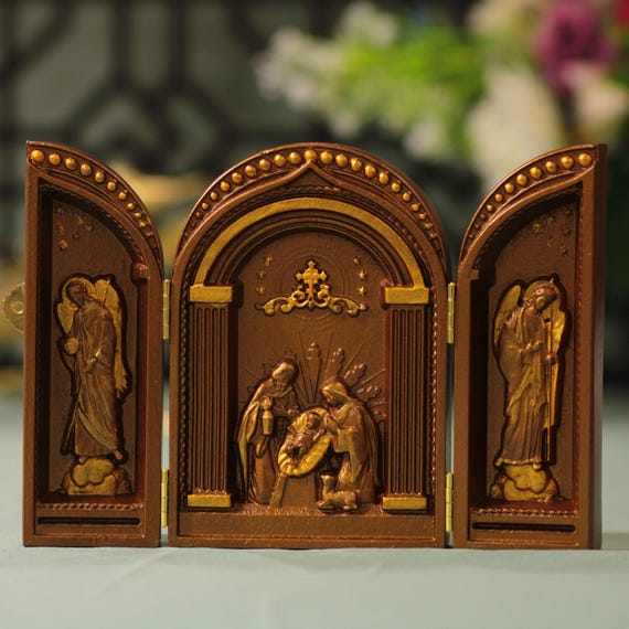 Nativity Triptych Holy Trinity- Archangel Michael- Archangel Gabriel Vintage Style Christmas Gift Ideas Catholic Home Decor Prayer Altar