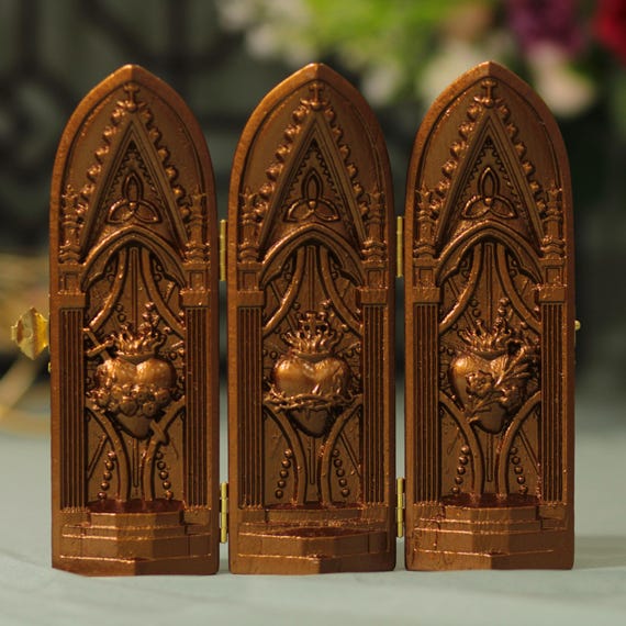 Antique Style Sacred Heart of Jesus, Immaculate Heart of Mary, Most Chaste Heart of Saint Joseph Catholic Triptych Handmade Home Decor