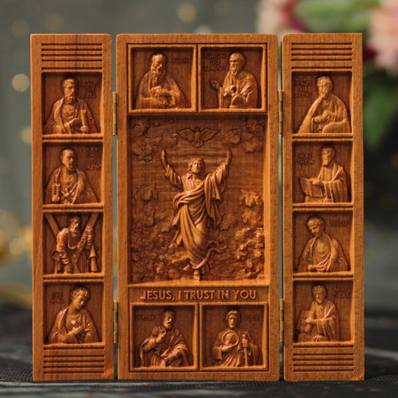 Wooden Triptych of Christ Triumphant with the Twelve Apostles | Catholic Wall Art | Hand Carved Religious Gift