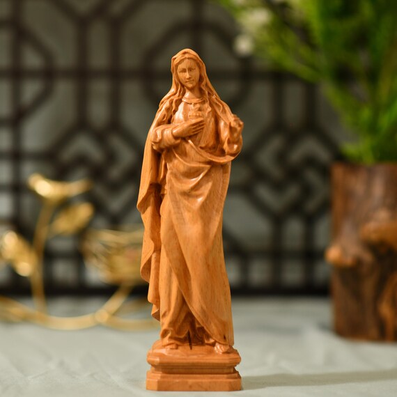 Immaculate Heart of Mother Mary Statue Catholic Art Mothers Day Gift Wooden Religious Gifts Housewarming Gift Handmade Home Decor