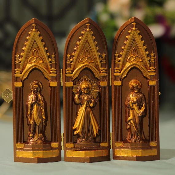 Vintage Style Catholic Triptych of Blessing Sacred Heart of Jesus Christ | Our Lady | Saint Joseph Christian Artwork Religious Art