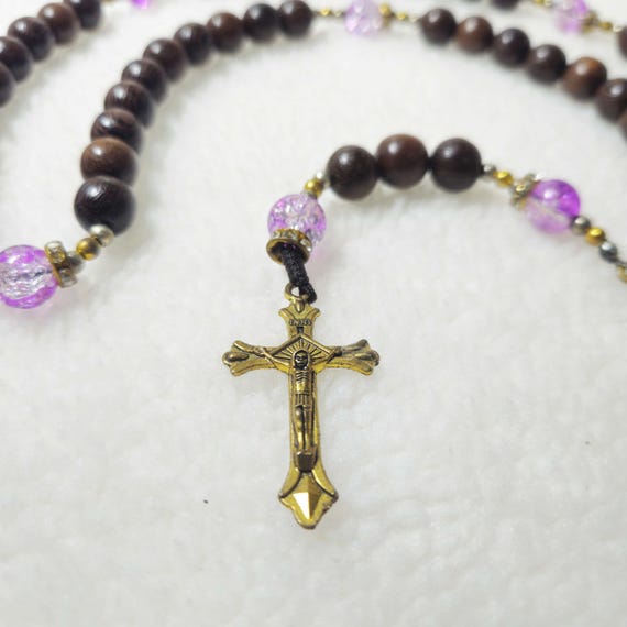 Catholic Rosary adorned with purple gemstone beads, Wood Bead rosary, Pardon Crucifix Rosary, Catholic Gifts, Cord Rosary