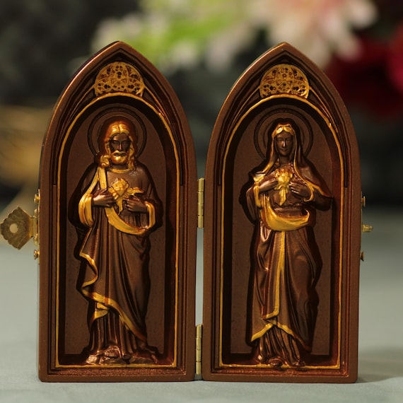 Sacred Heart of Jesus & Immaculate Heart of Mary Wooden Diptych Vintage Catholic Diptych Christian Home Decor Gift Christian Prayer Diptych