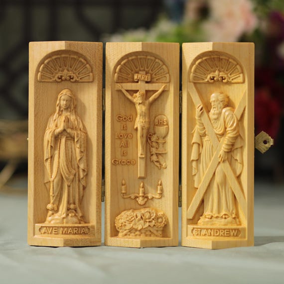 Catholic Triptych of Our Lady- Crucifix Christ- St. Andrew Catholic Icon Prayer Altar Jesus Christ Home Decor Religious Gift Christian Gift