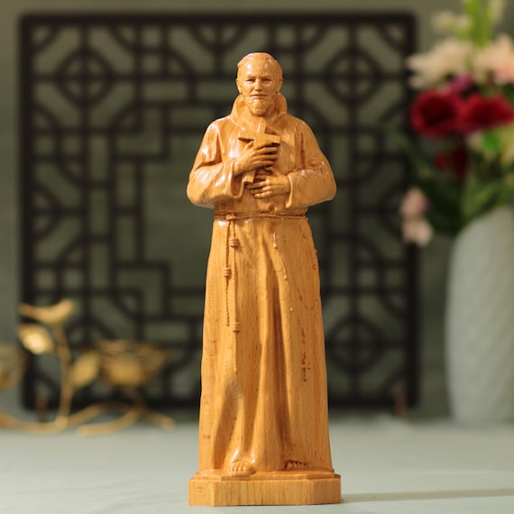 Saint Pio of Pietrelcina Wooden Statue – Catholic Decor Gift | Padre Pio Hand Carved Religious Wood Art for Home Altar or Prayer Room