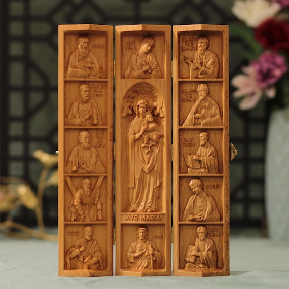 Our Lady of Perpetual Help and Twelve Apostles Wooden Triptych Catholic Wall Art Religious Gift Virgin Mary Christian Decor Wood Panel Set