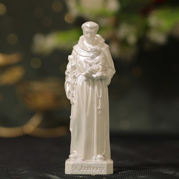 Handmade St. Anthony Wooden Statue: Pearl White Catholic Gift