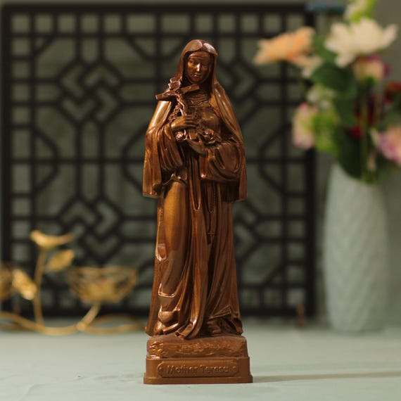 Saint Teresa of the Child Jesus Wooden Statue Antique Catholic Decor Little Flower Figurine Christian Gift Carmelite Saint Wood Carving Art