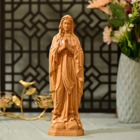 Our Lady of Lourdes Wooden Statue Catholic Virgin Mary Figurine Hand Carved Religious Gift Blessed Mother Shrine Decor Christian Art