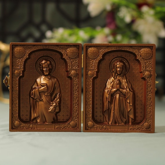 Catholic Diptych of Virgin Mary and St. Joseph Antique Style Christian Gifts for Prayer Gifts for Friends Holly Mother Christian Icons