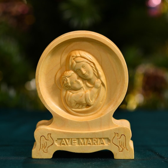 Mother Mary holding baby Jesus Desktop Figurine Ave Maria Catholic Car Accessories Handmade Home Decor Catholic Art Catholic Altar Table
