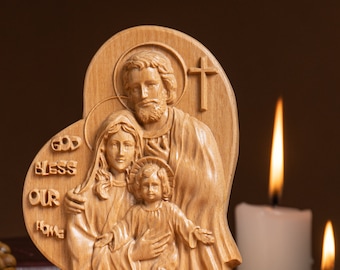 De Heilige Familie - Maagd en kind met Sint-Jozef, religieus katholiek standbeeld, houten religieuze geschenken, housewarmingcadeau, handgemaakt woondecoratie