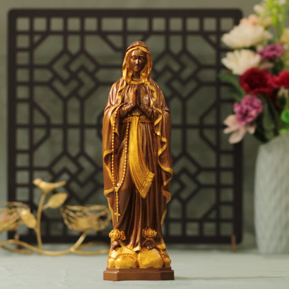 11.8 Inches Our Lady of Lourdes Wooden Statue Vintage Style Religious Gifts Virgin Mary Icon Handmade Home Decor Gifts Mothers Day Gifts