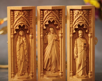 Wooden Catholic Holy Family Triptych of Virgin Mary- Jesus Christ- St. Joseph Religious Gifts Home Decor Mothers Day Gift Ideas Easter Gifts